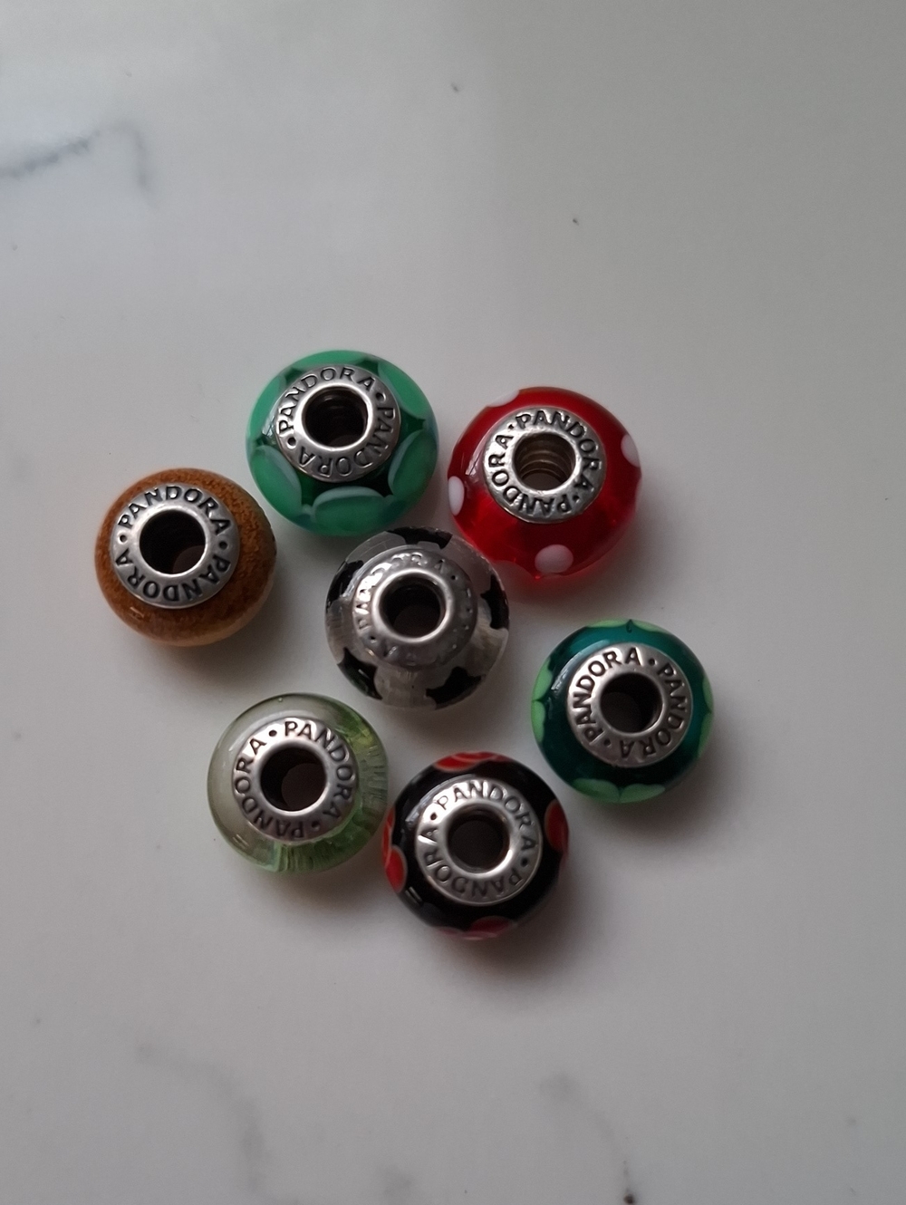 Pandora Glass Bead Charm Set in Green, Red, Black, Brown & Silver
